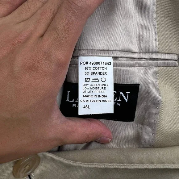 Lauren Ralph Lauren Blazer Men 46L Beige Slim Fit 2 Button Long Sleeve Cotton